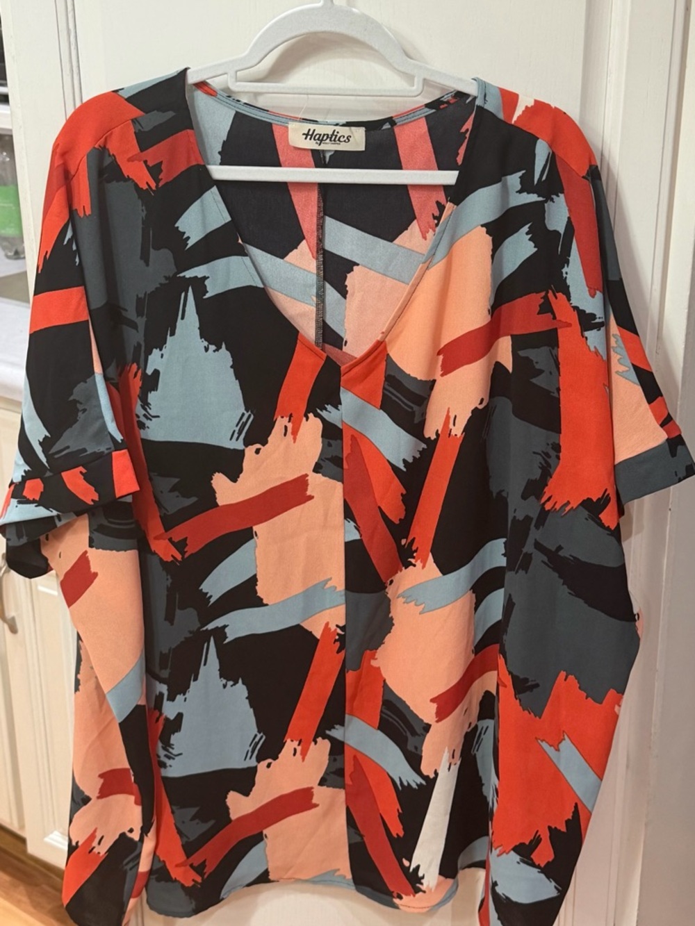 Haptics Abstract Brushstroke V-Neck Blouse in Coral & Sky